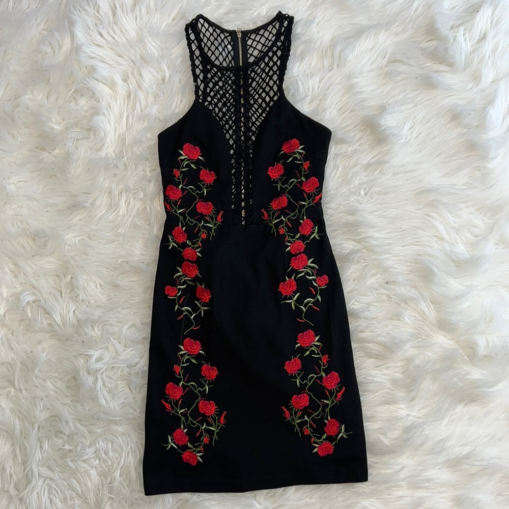 Black mini dress with red roses